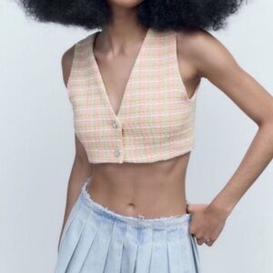 ZARA Tweed Crop Vest in Pink & Green with Jewel Buttons, Size XS